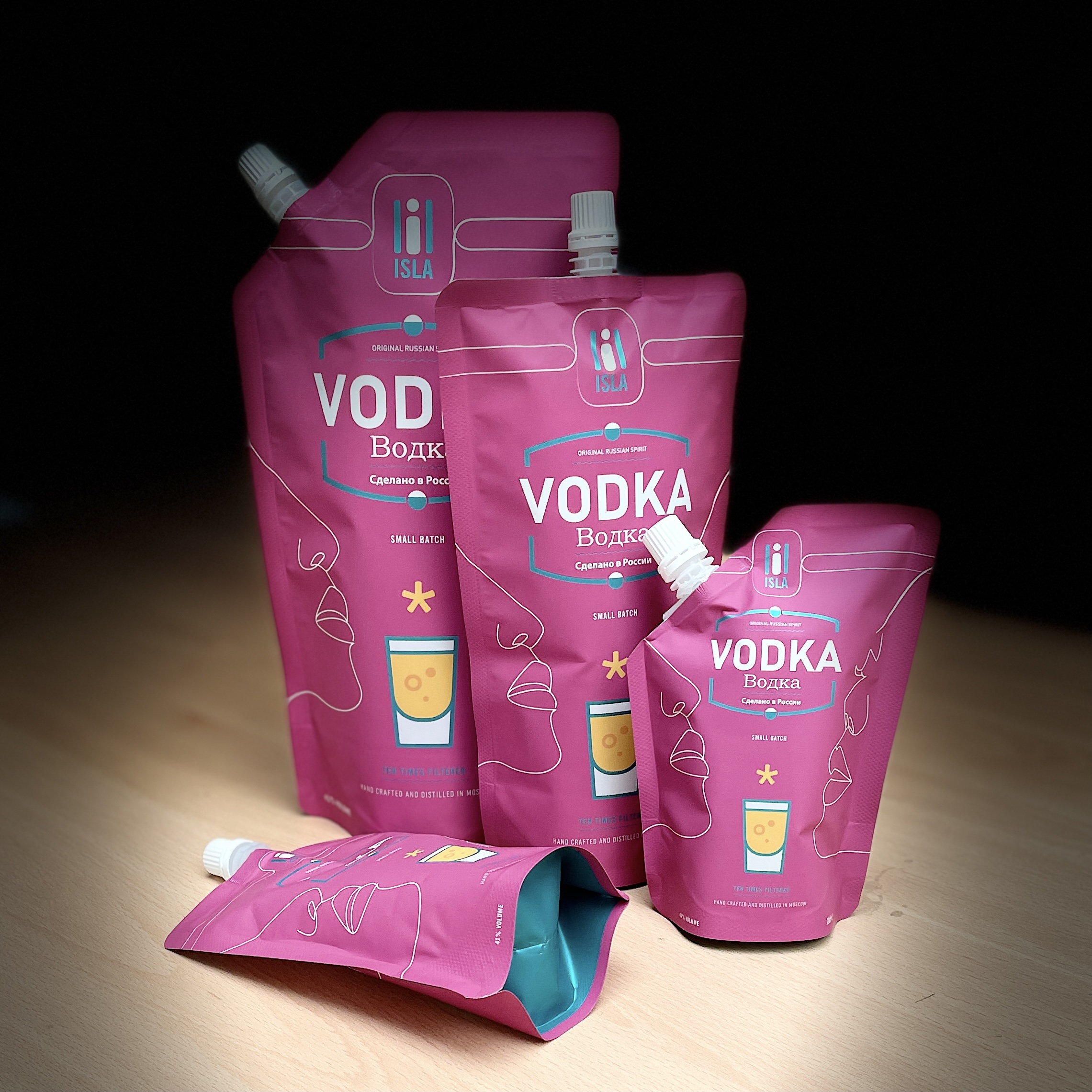 Various sizes of spouted pouches for vodka
