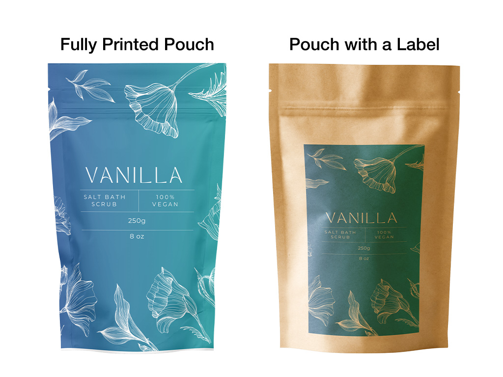 Digitally printed pouch v pouch with a label Digitally printed pouch v pouch with a label